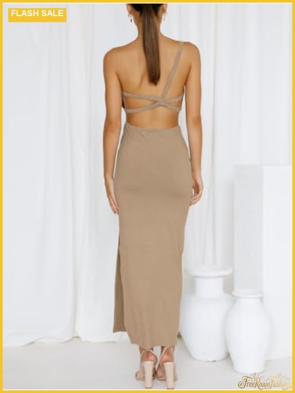 One Shoulder Sleeveless Bodycon Maxi Dress Ruched High Waist Party - Picture 5 of 6